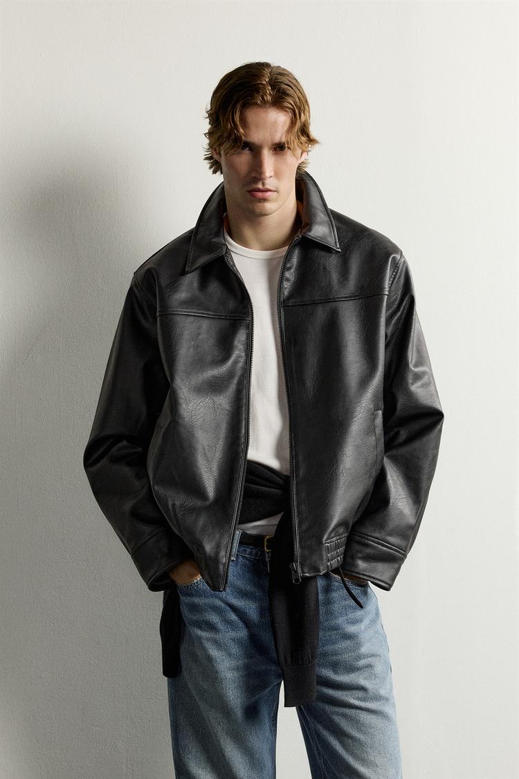 RELAXED-FIT FAUX LEATHER JACKET — Black