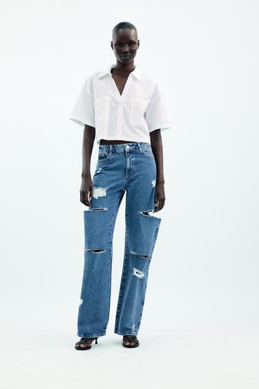 Zara Z1975 MID-RISE STRAIGHT CUT OUTS RIPPED JEANS - Mid-blue