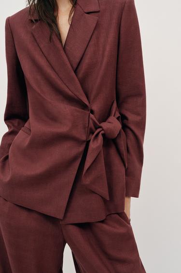 Zara LINEN BLEND TIE-WAIST DOUBLE-BREASTED BLAZER SET - Rust