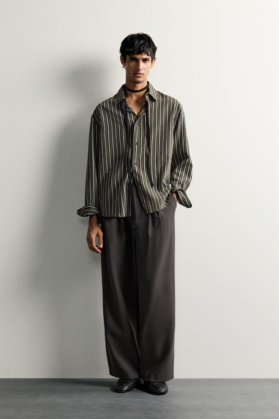 STRIPED FLOWING SHIRT - Khaki by Zara - Image 0