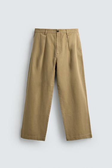 PANTALON À PLIS EN LYOCELL ET COTON - Sable de Zara