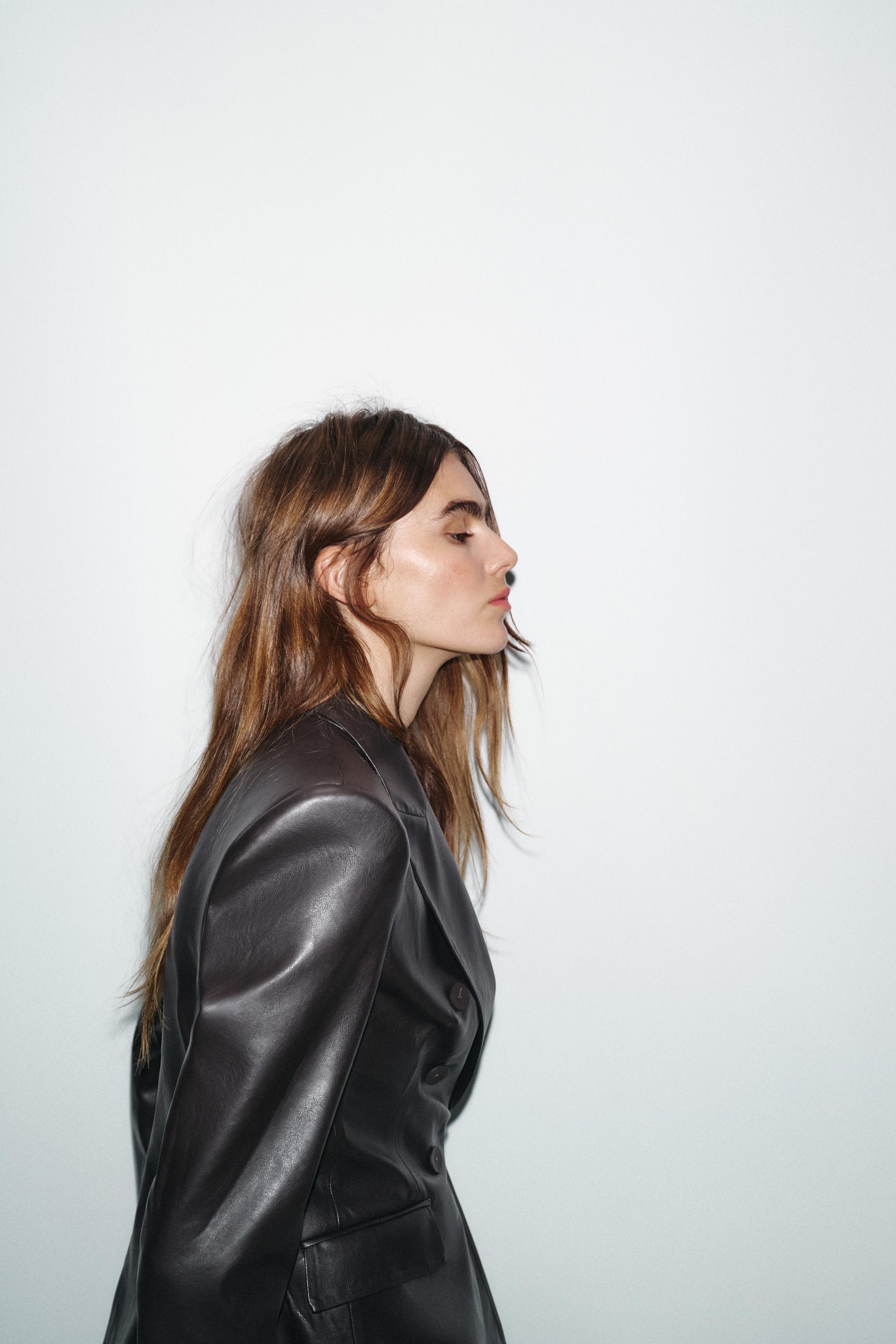 FAUX LEATHER DOUBLE-BREASTED BLAZER