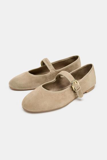 SUEDE STRAP BALLET FLATS - Sand Brown by Zara - Image 1