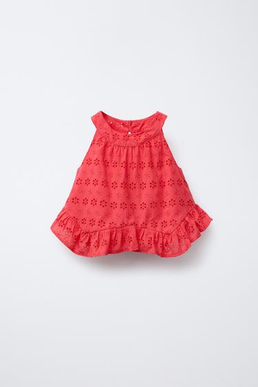 Zara FLORAL EMBROIDERED TOP - Red