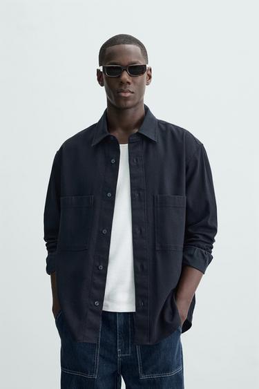 CAMISA DE LYOCELL - ALGODÃO - Azul-marinho da Zara