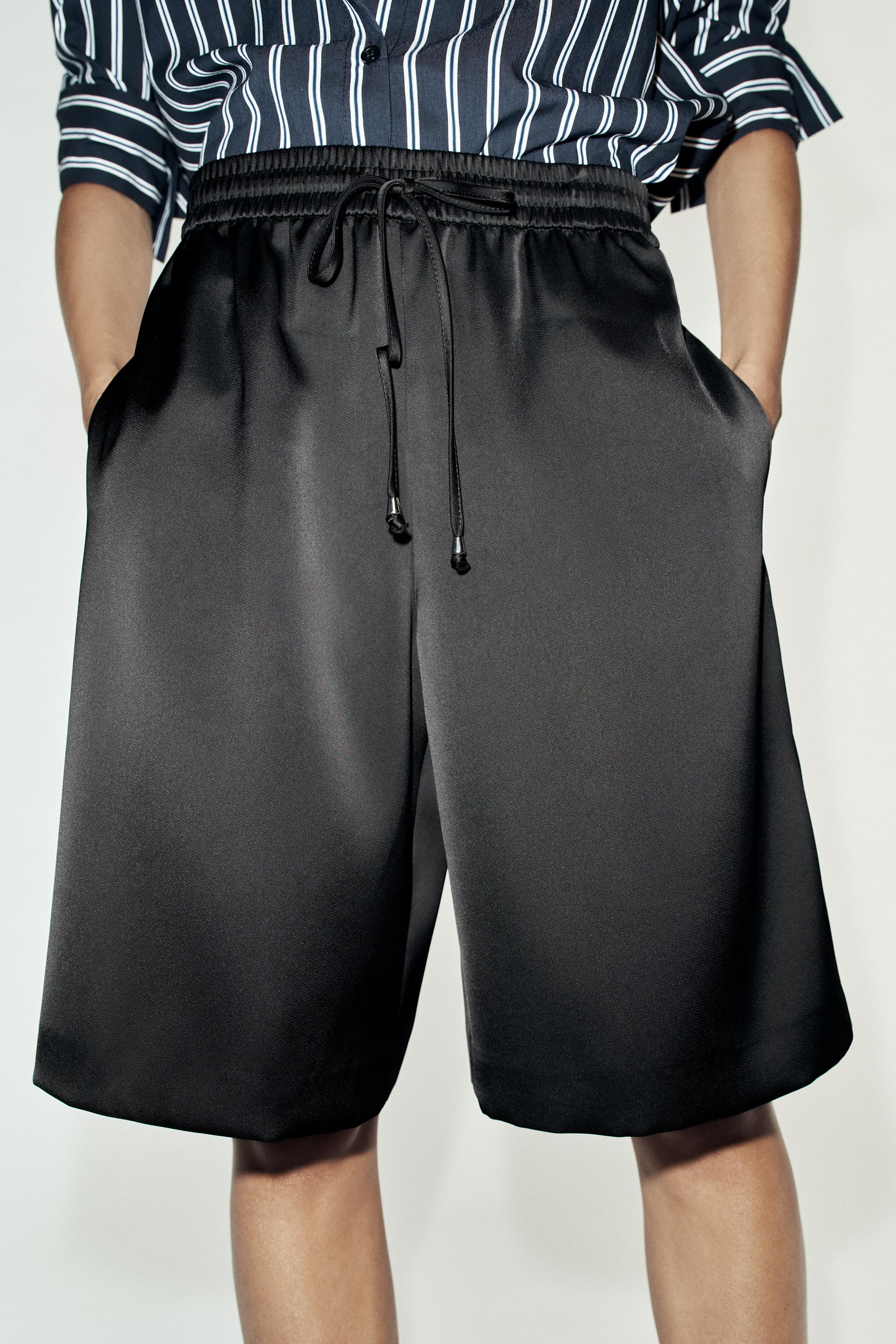 LONG SATIN BERMUDA SHORTS — Black