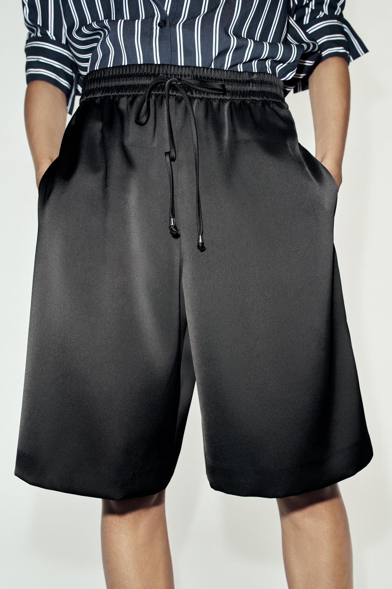 LONG SATIN BERMUDA SHORTS — Black