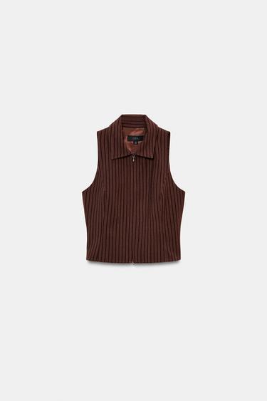 GILET SANS MANCHES À RAYURES AVEC FERMETURE ÉCLAIR - Marron / Écru de Zara - Image 4