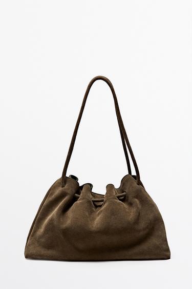 Zara Ruched split suede leather bag - Black gold - Image 0