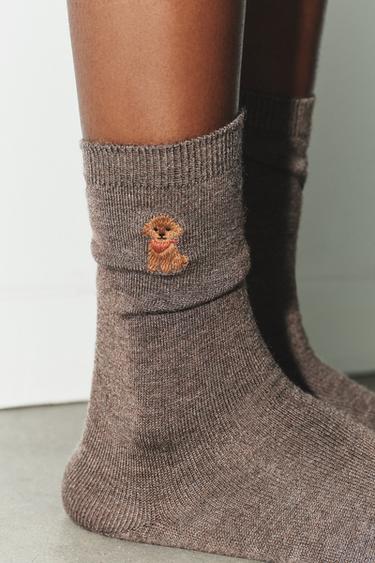 DOG EMBROIDERY SOCKS - Brown / Taupe by Zara - Image 1