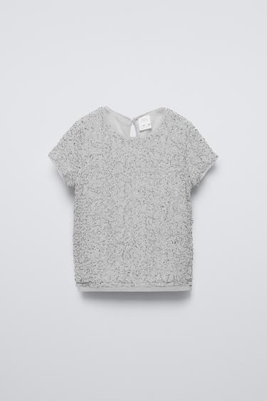 BEJEWELLED TULLE T-SHIRT - Silver by Zara