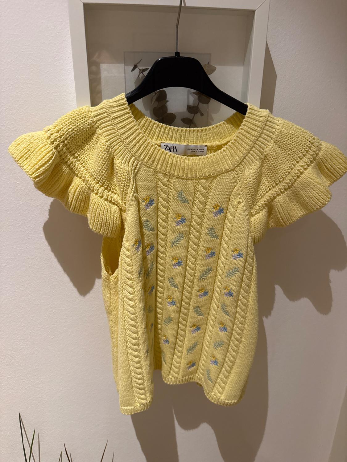 Yellow jumper with short, ruffled sleeves, embroidered blue and green floral details. Hanging on a black hanger.