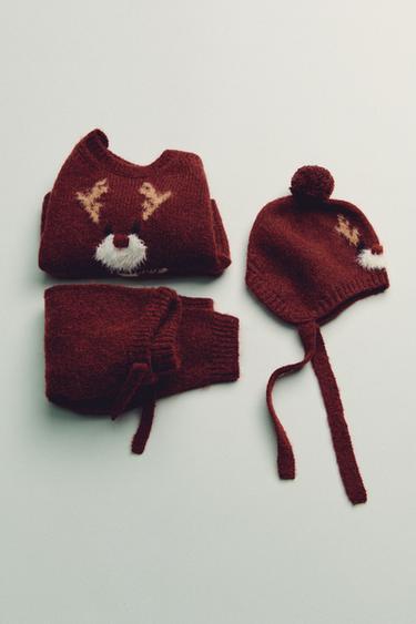 REINDEER KNIT JUMPER, TROUSERS AND BONNET SET - Light mink by Zara