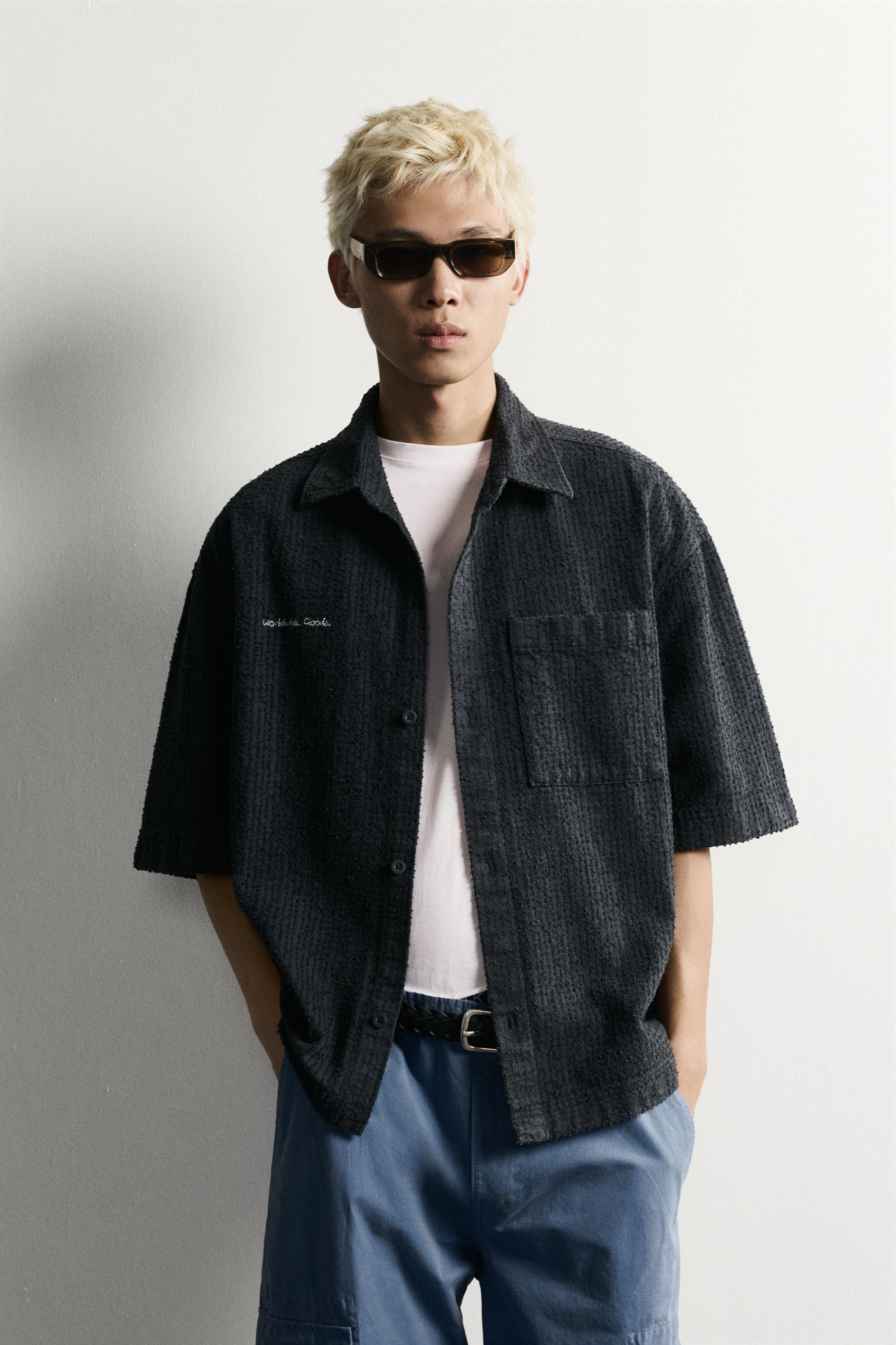TEXTURED EMBROIDERED BOXY FIT OVERSHIRT — Navy blue