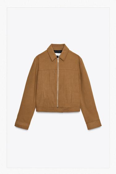 Zara FAUX SUEDE ZIP-UP JACKET - Brown