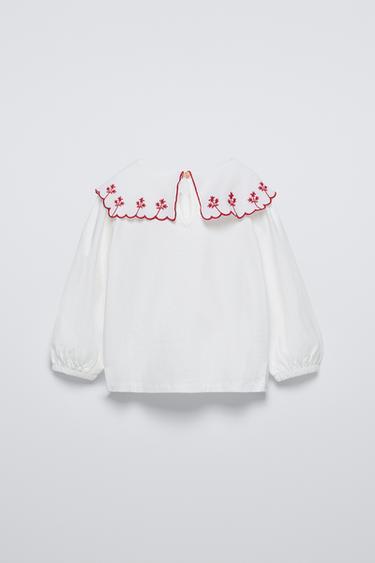 T-SHIRT WITH COLLAR AND EMBROIDERY - Ecru by Zara - Image 1