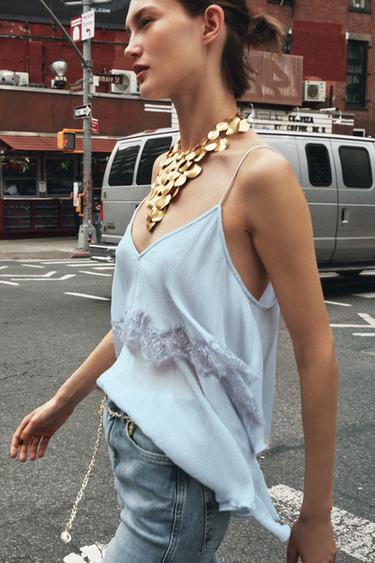 Zara LACE TRIM CAMISOLE TOP - Sky blue
