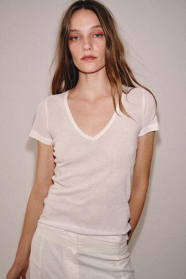 T-SHIRT LYOCELL ET SOIE - Blanc cassé de Zara - Image 1