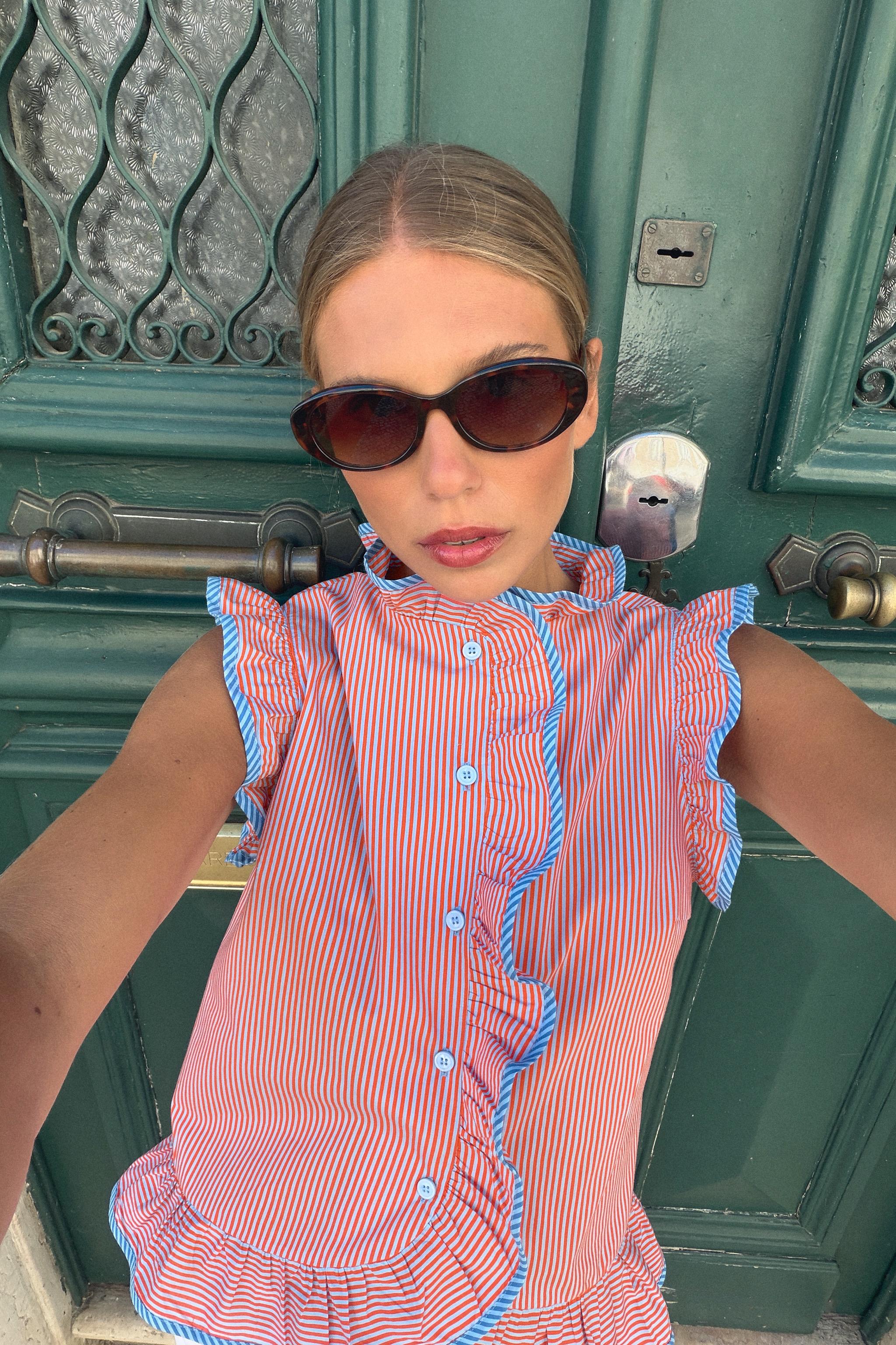 STRIPED RUFFLE BLOUSE — Red