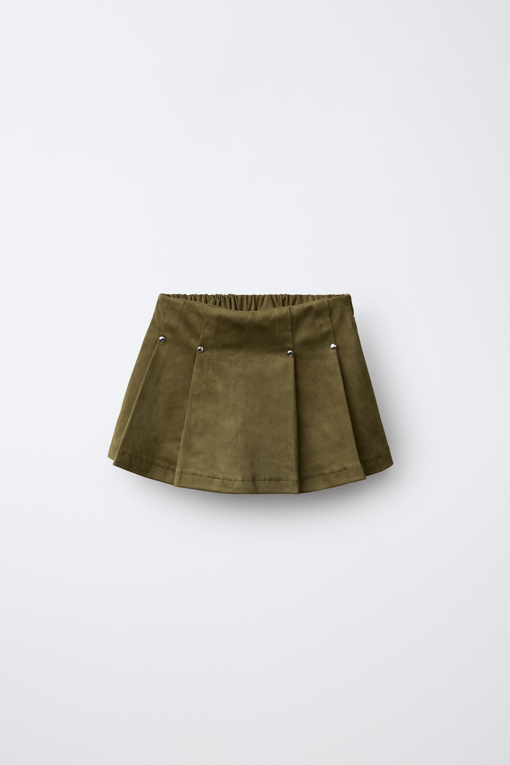 STUDDED FAUX SUEDE BERMUDA SKIRT — Khaki