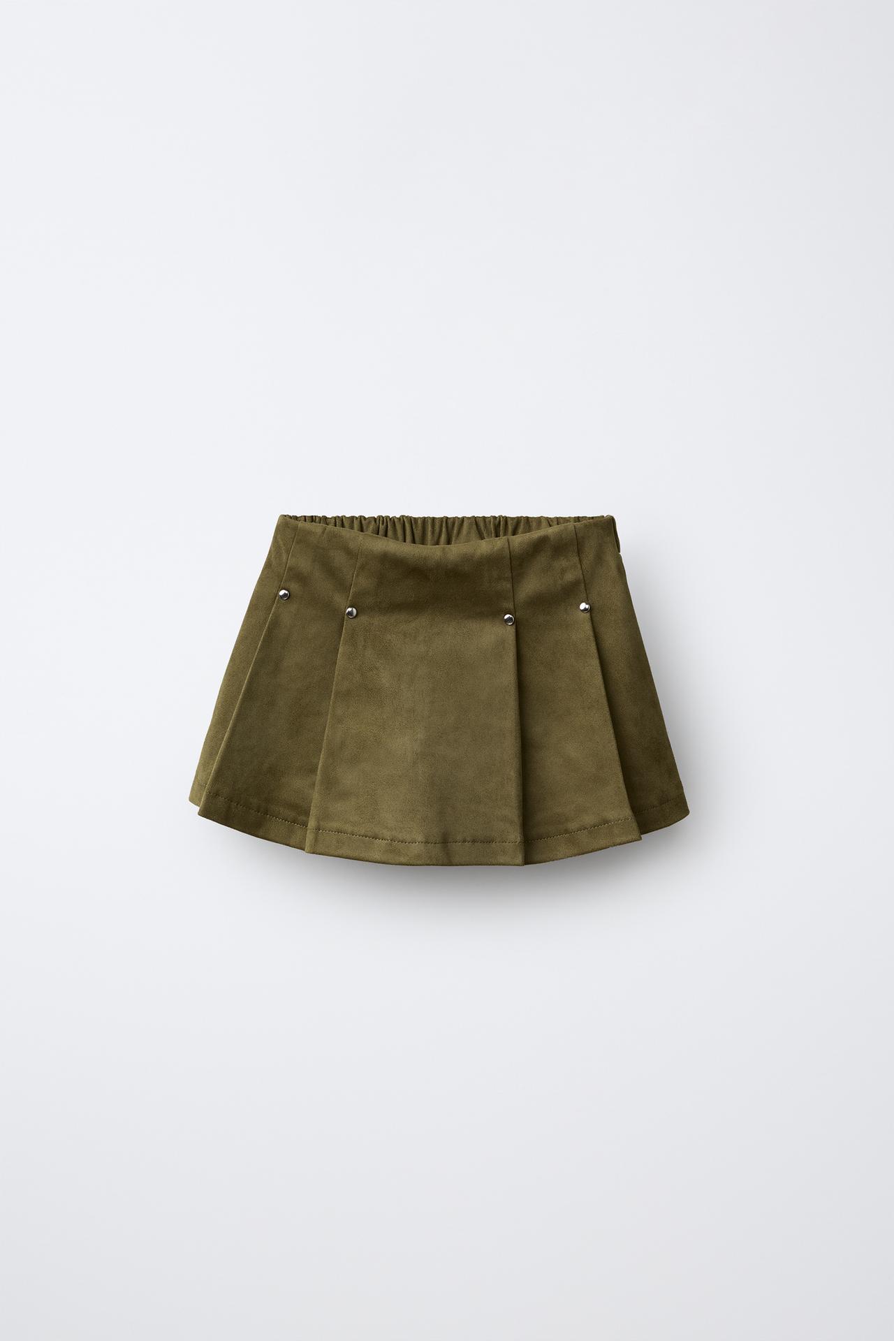 STUDDED FAUX SUEDE BERMUDA SKIRT — Khaki