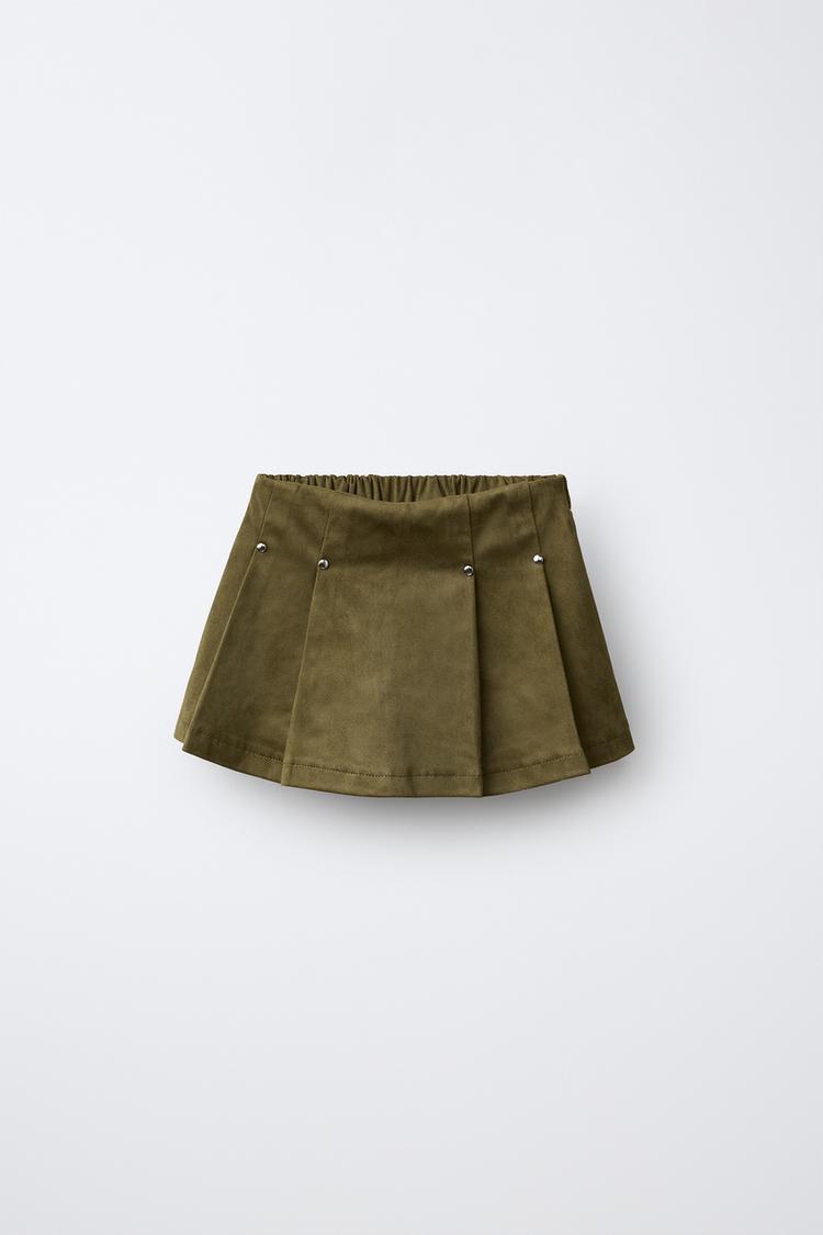 STUDDED FAUX SUEDE BERMUDA SKIRT — Khaki
