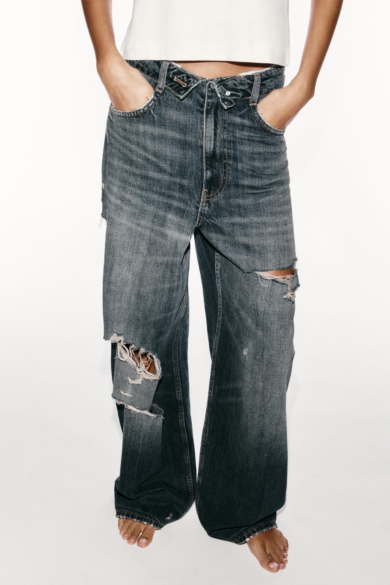 TRF MID-RISE FOLDED WAISTBAND RIPPED JEANS — Blue