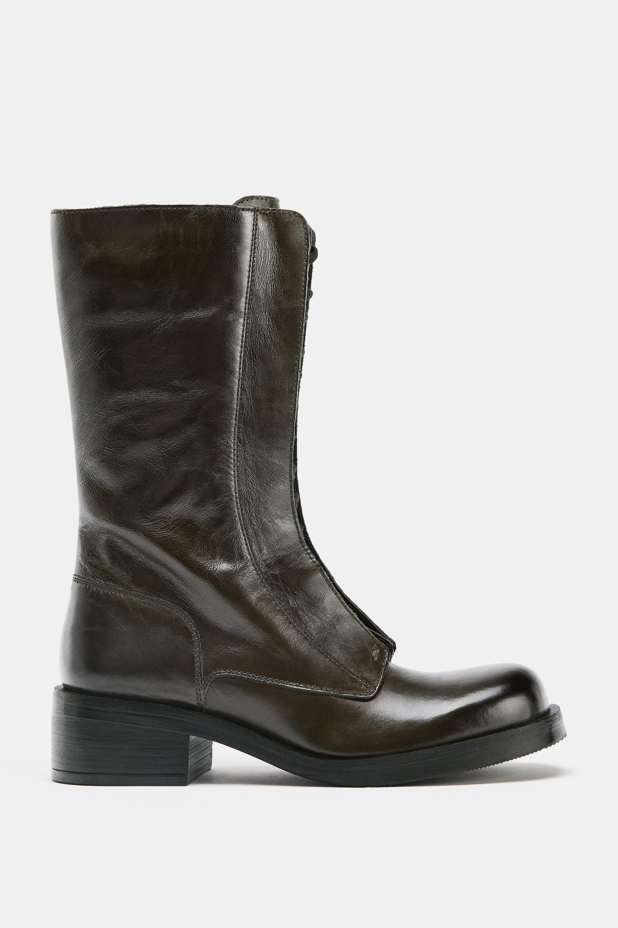 ZARA ザラ リアルレザーレースアップショートブーツ リアルレザー レースアップ ショートブーツ - カーキ | ZARA