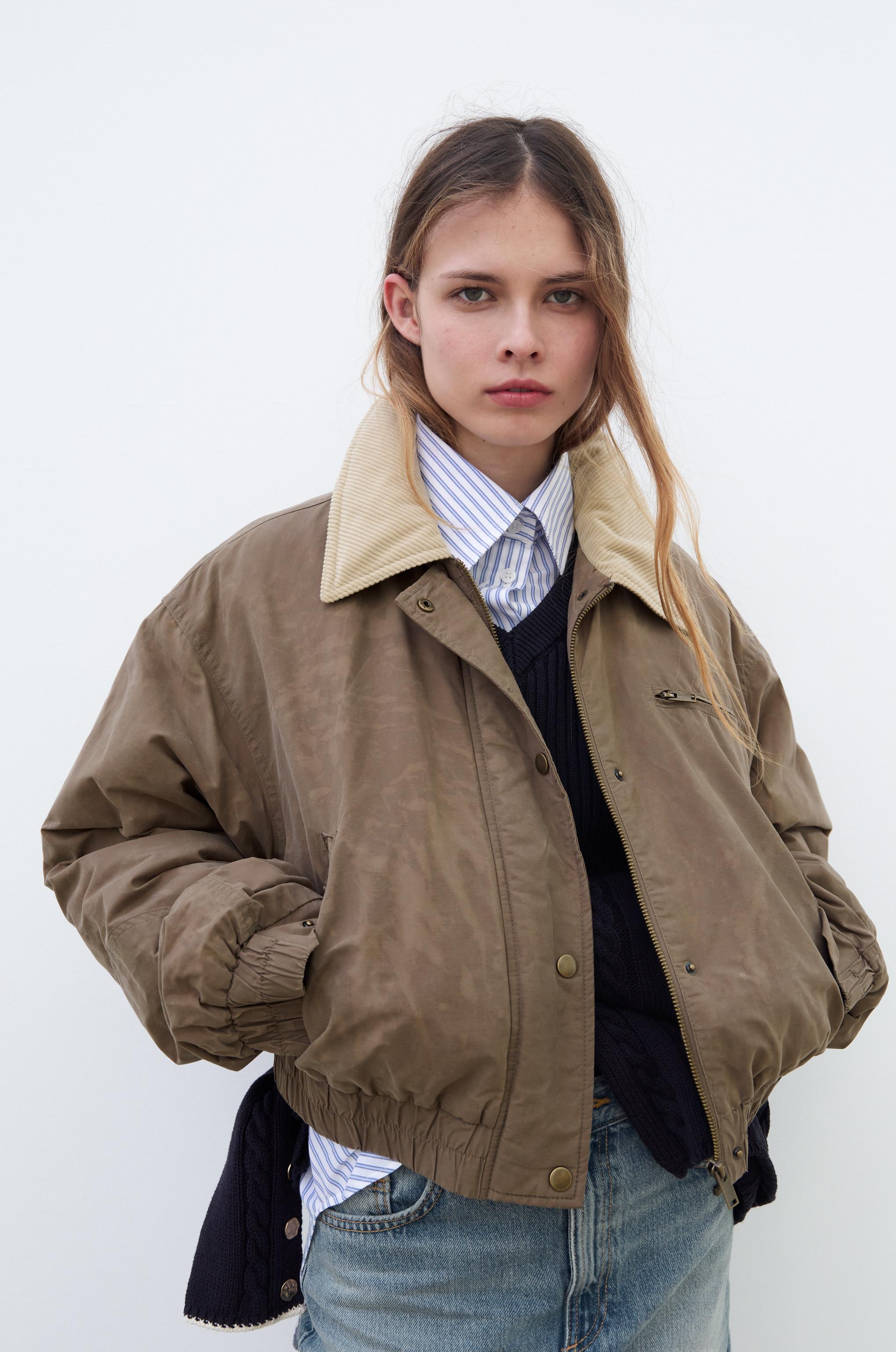 CONTRAST COLLAR WAXED BOMBER - Brown / Taupe | ZARA Canada