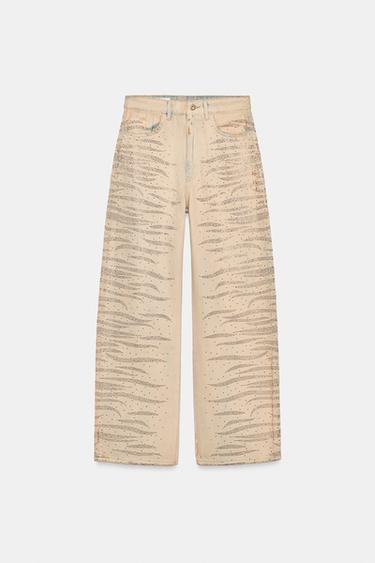 MID-RISE BAGGY FIT RHINESTONE JEANS — Light khaki 1