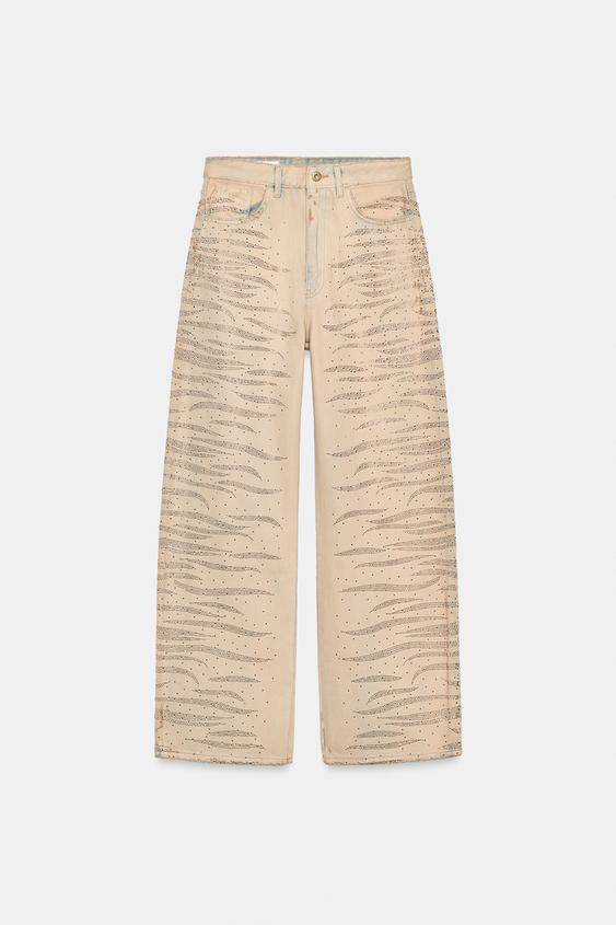 ДЖИНСИ TRF BAGGY FIT ЗІ СТРАЗАМИ ТА СЕРЕДНЬОЮ ПОСАДКОЮ - Світлий хакі Zara - Зображення 0