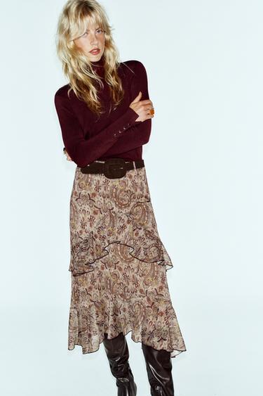 JUPE MI-LONGUE IMPRIMÉE À VOLANTS ET CEINTURE - Multicolore de Zara