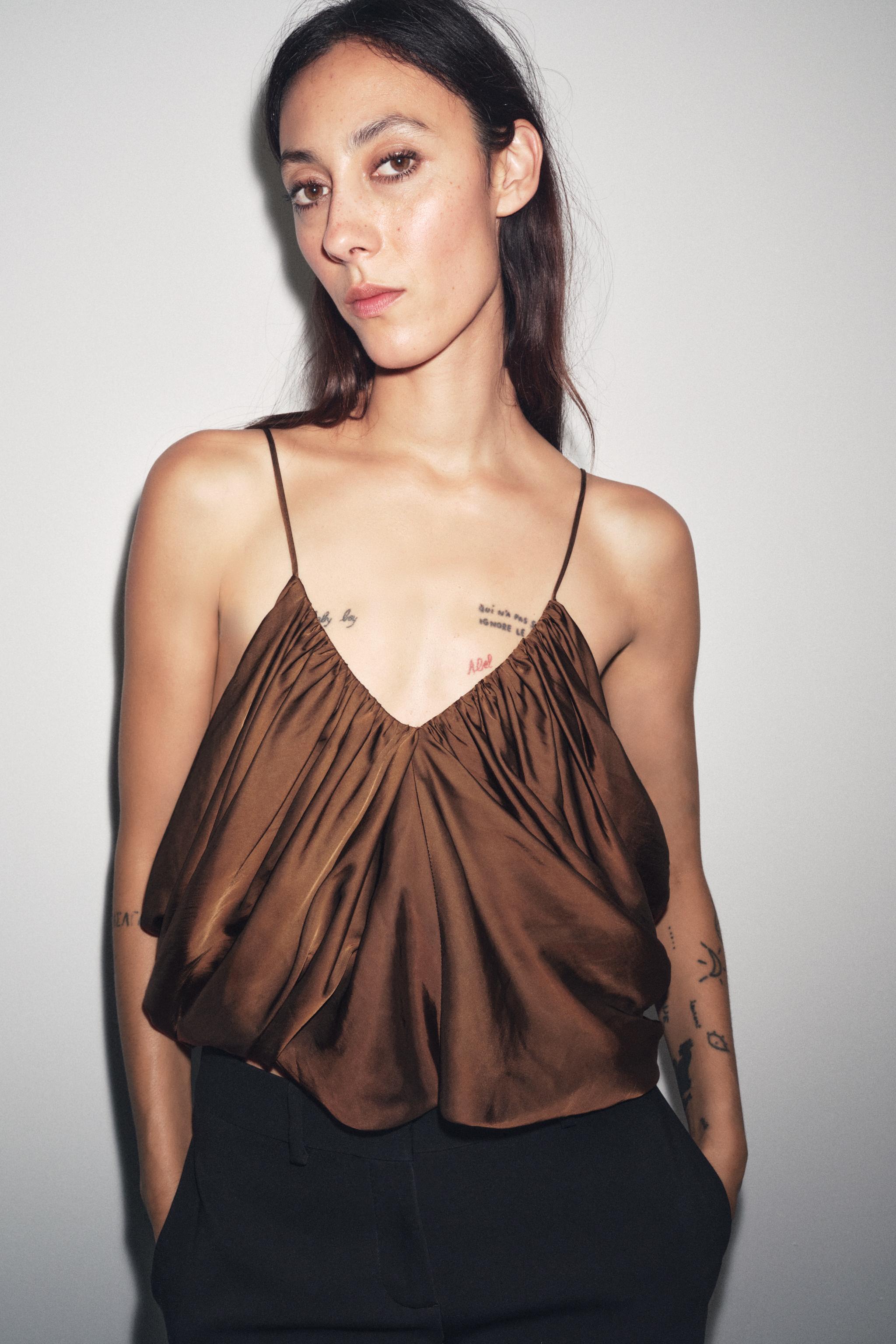 ZW COLLECTION DRAPED SATIN EFFECT TOP - Tobacco | ZARA United States
