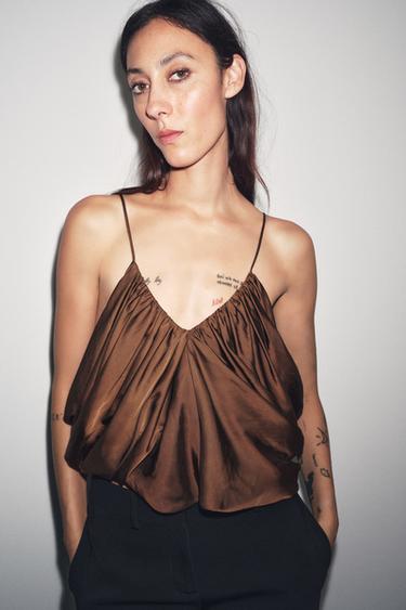 Zara ZW COLLECTION SATIN DRAPED TOP - Tobacco