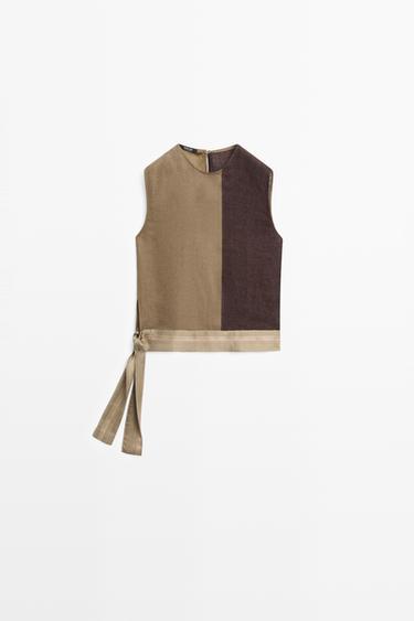 Zara Linen-blend color-block flowing top - Brown - Image 0