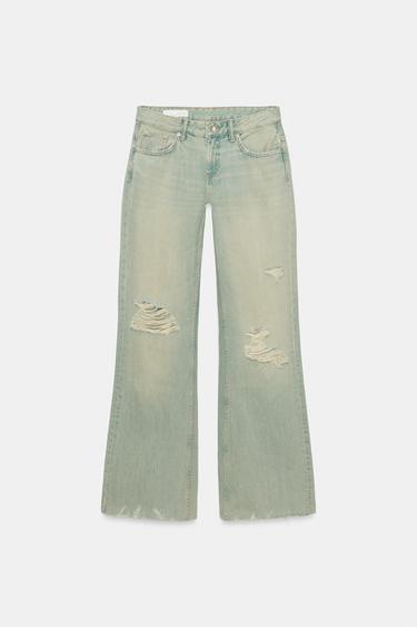TRF MID-WAIST RIPPED FLARE JEANS - Blue / Green by Zara