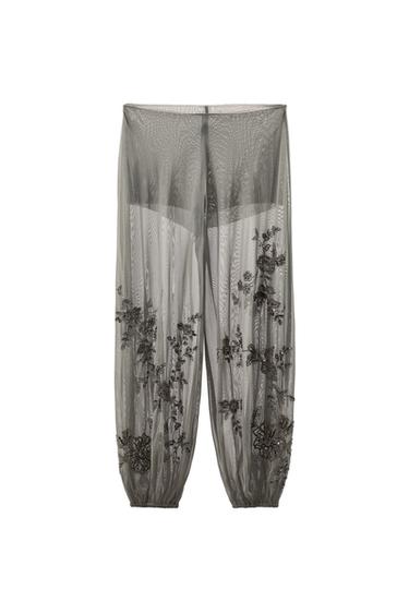 Zara EMBROIDERED BLOOMER PANTS - Light gray