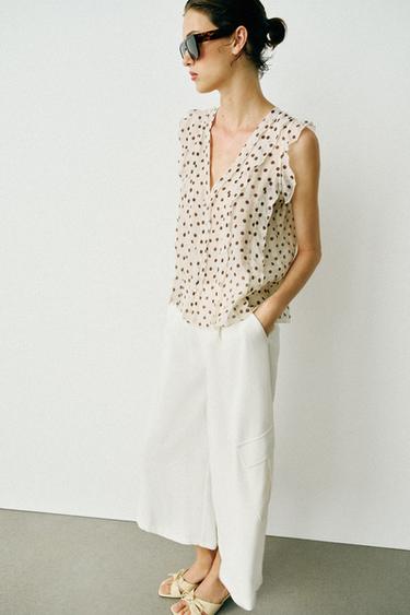 Zara POLKA DOT PRINT BLOUSE - Ecru / Brown