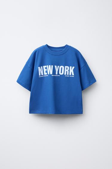 تيشرت بطبعة نصية - أزرق فاقع الخاص بـ Zara