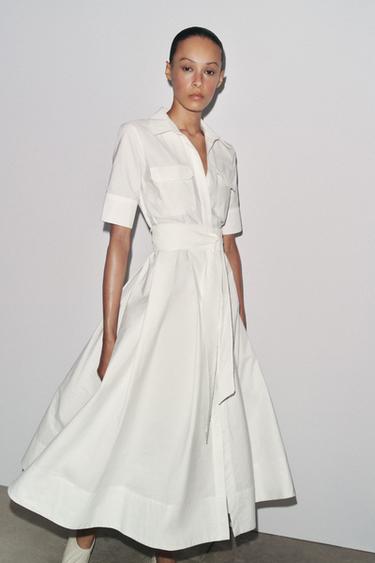 MIDI POPELÍNOVÉ ŠATY ZW COLLECTION - Špinavě bílá od Zara