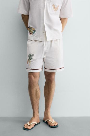 RELAXED FIT BERMUDA SHORTS WITH CONTRAST EMBROIDERY - Ecru by Zara