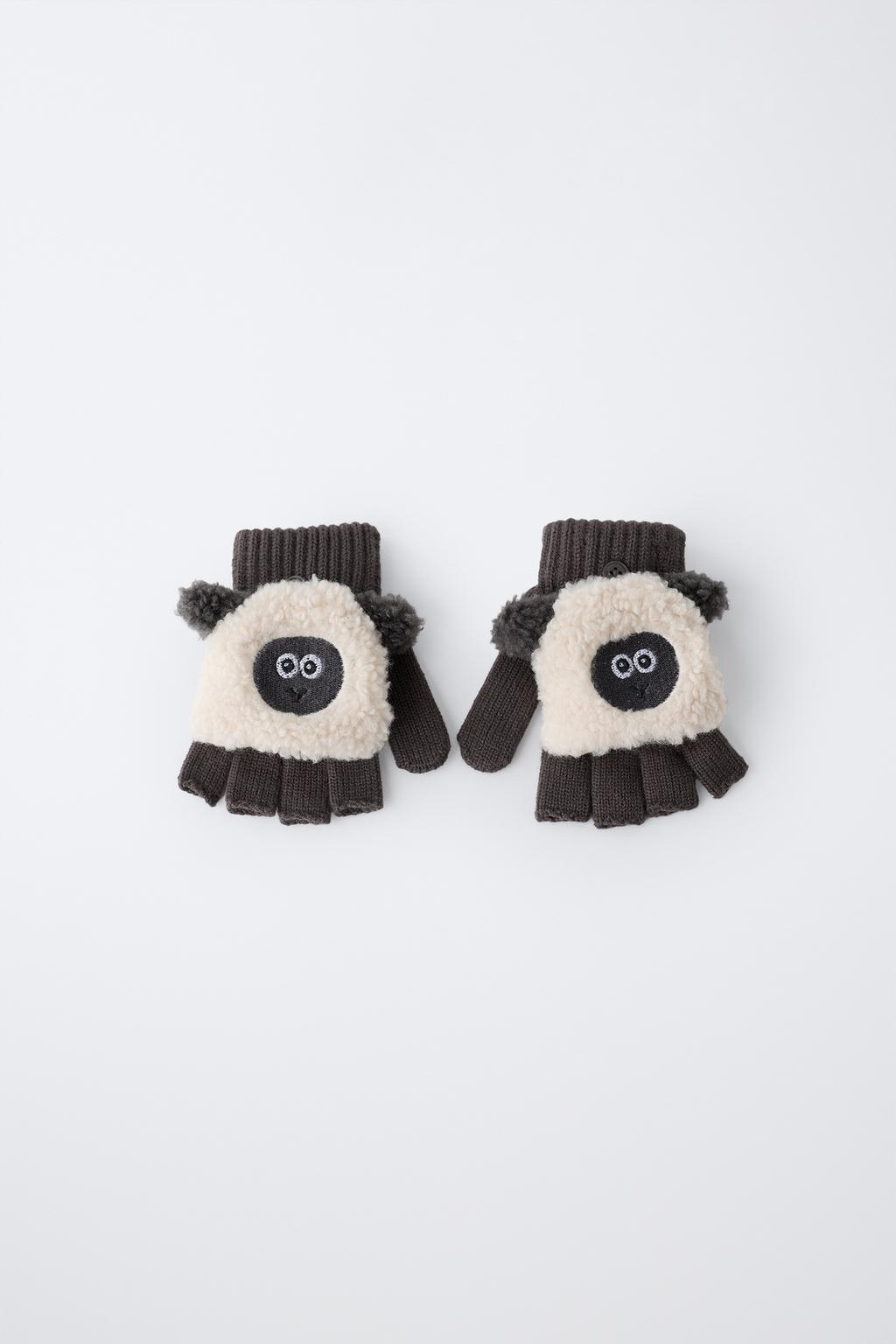 SHEEP-EMBROIDERED MITTEN GLOVES