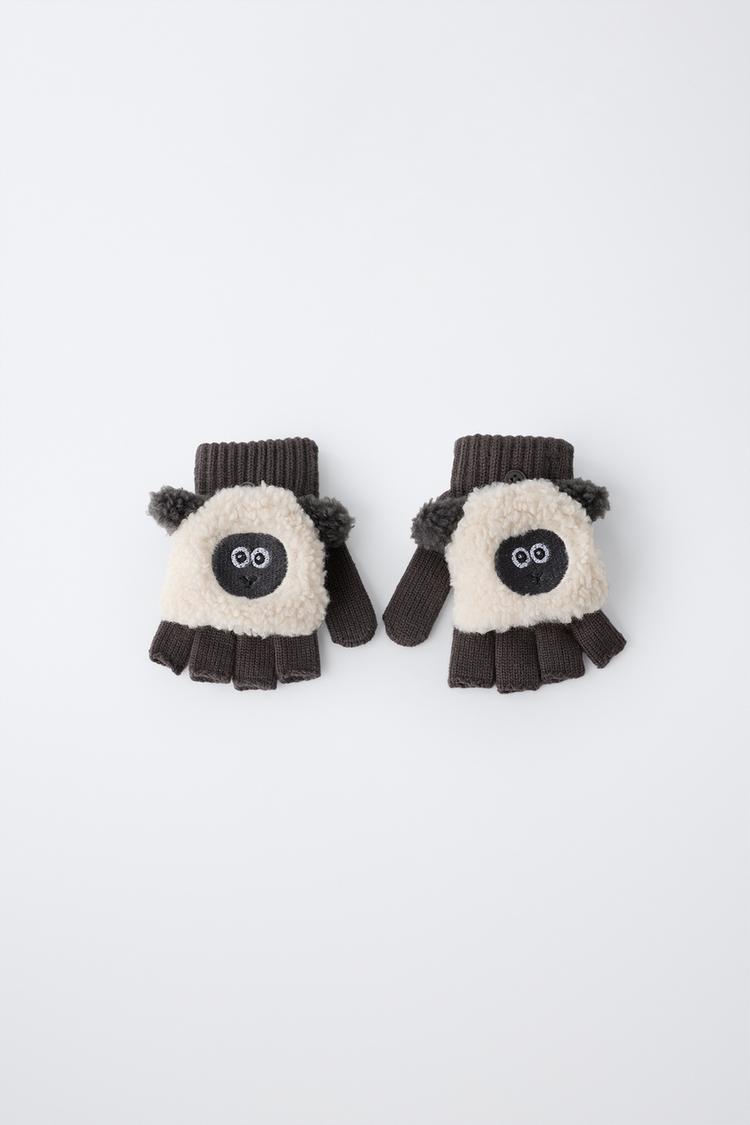 LAMB EMBROIDERY CONVERTIBLE MITTENS — Anthracite grey