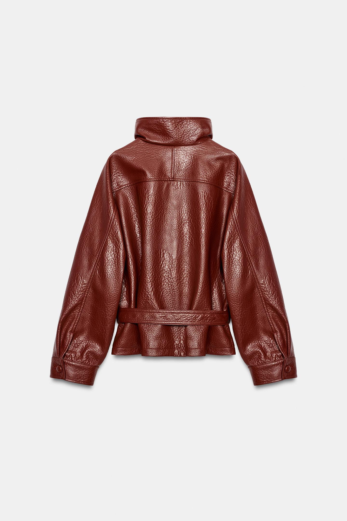 Женская куртка Zara Faux Leather Belted, цвет: Marsala — фото 7