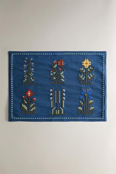 JOGO AMERICANO COM BORDADOS DE FLOR - Azul da Zara
