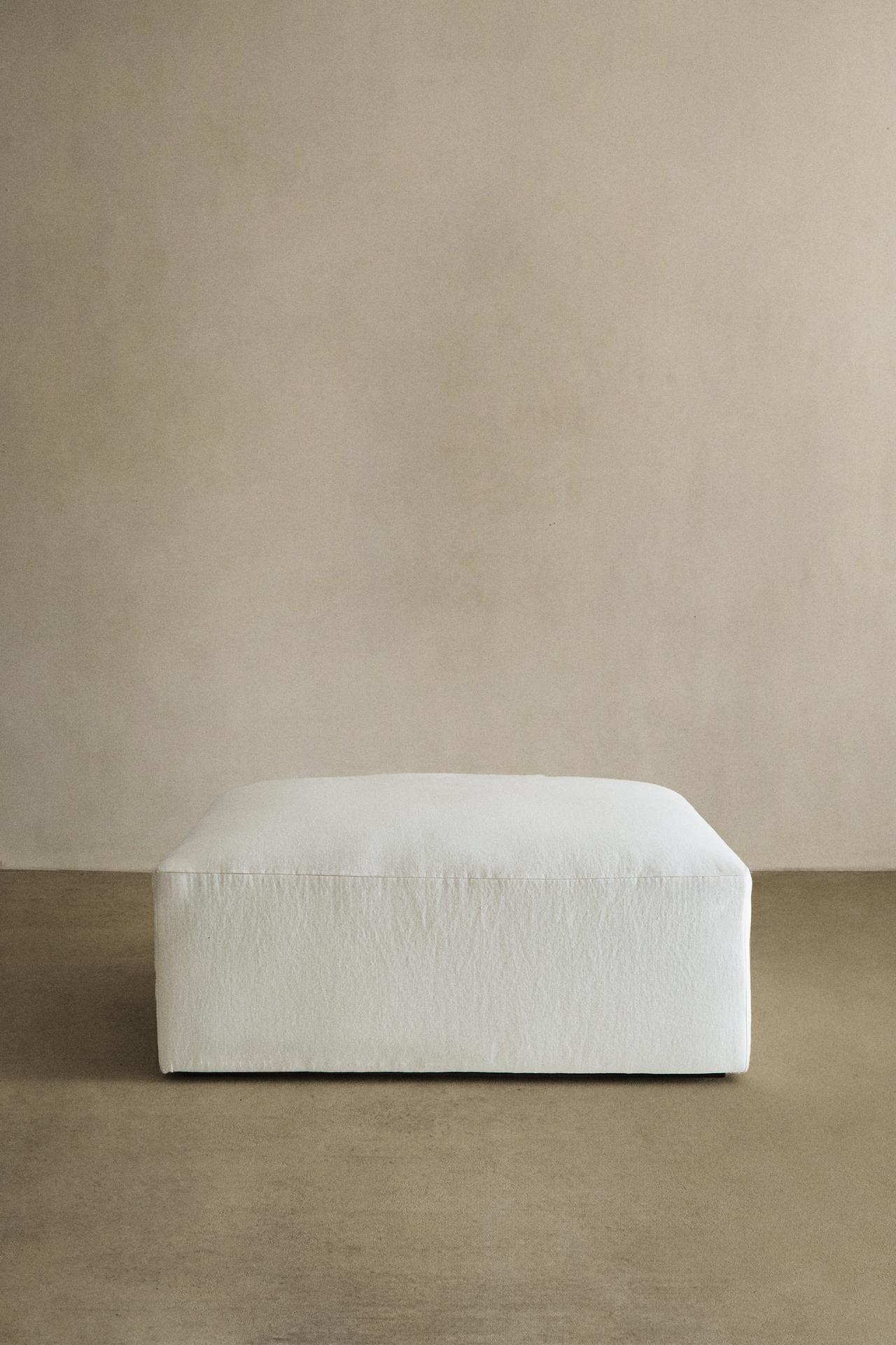 FOOTSTOOL WITH REMOVABLE WASHED LINEN COVER — Oyster-white