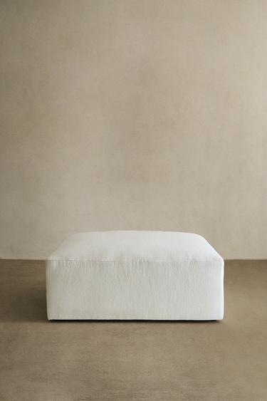 FOOTSTOOL WITH REMOVABLE WASHED LINEN COVER — Oyster-white 1
