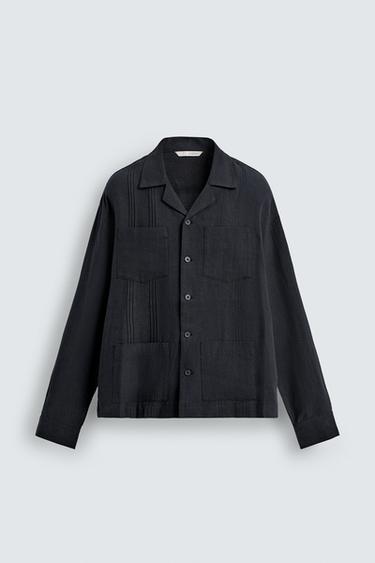 RELAXED FIT 100% LINEN SHIRT WITH PLEATED POCKETS - Navy blue by Zara
