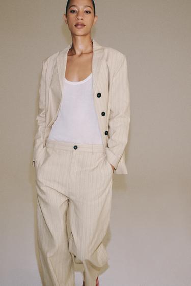 PANTALÓN RAYAS CON LINO ZW COLLECTION - Crudo / Negro de Zara
