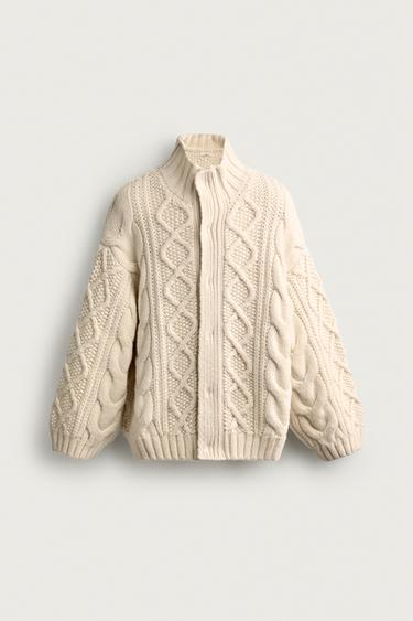 Zara RELAXED FIT CABLE KNIT JUMPER - Oyster-white
